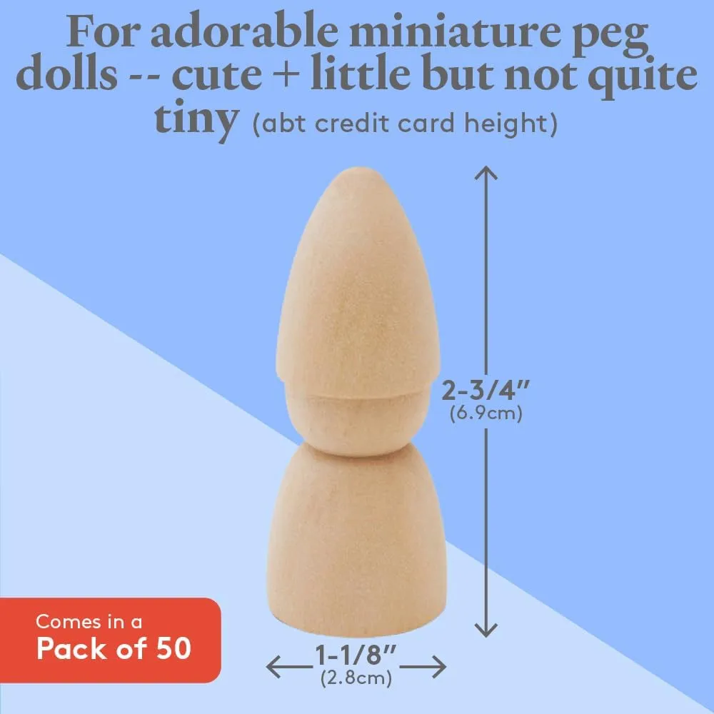 Gnome Wood Peg Dolls Unfinished 2-3/4 inch, Pack of 50 Peg People for Crafting, Miniature Figures & Small World Play, by Woodpeckers