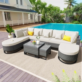 GO 7 Pieces Outdoor Wicker Sofa Set, Rattan Conservation Sectional Free Combination Set, Patio Furniture Sets with Coffee Table and Pillows for Garden and Deck (Beige)