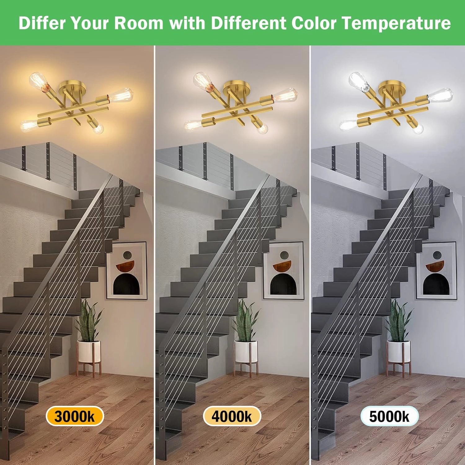 Gold Semi Flush Mount Ceiling Light Fixture, 4-Light Modern Industrial Sputnik Chandelier Light Fixture, Flush Mount Ceiling Lamp for Kitchen Bedroom Living Room Dining Room Closet, E26 Bulb Sockets
