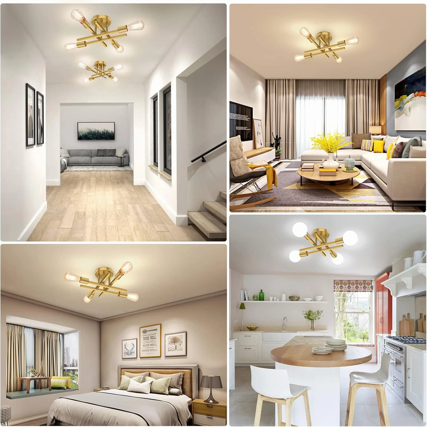 Gold Semi Flush Mount Ceiling Light Fixture, 4-Light Modern Industrial Sputnik Chandelier Light Fixture, Flush Mount Ceiling Lamp for Kitchen Bedroom Living Room Dining Room Closet, E26 Bulb Sockets
