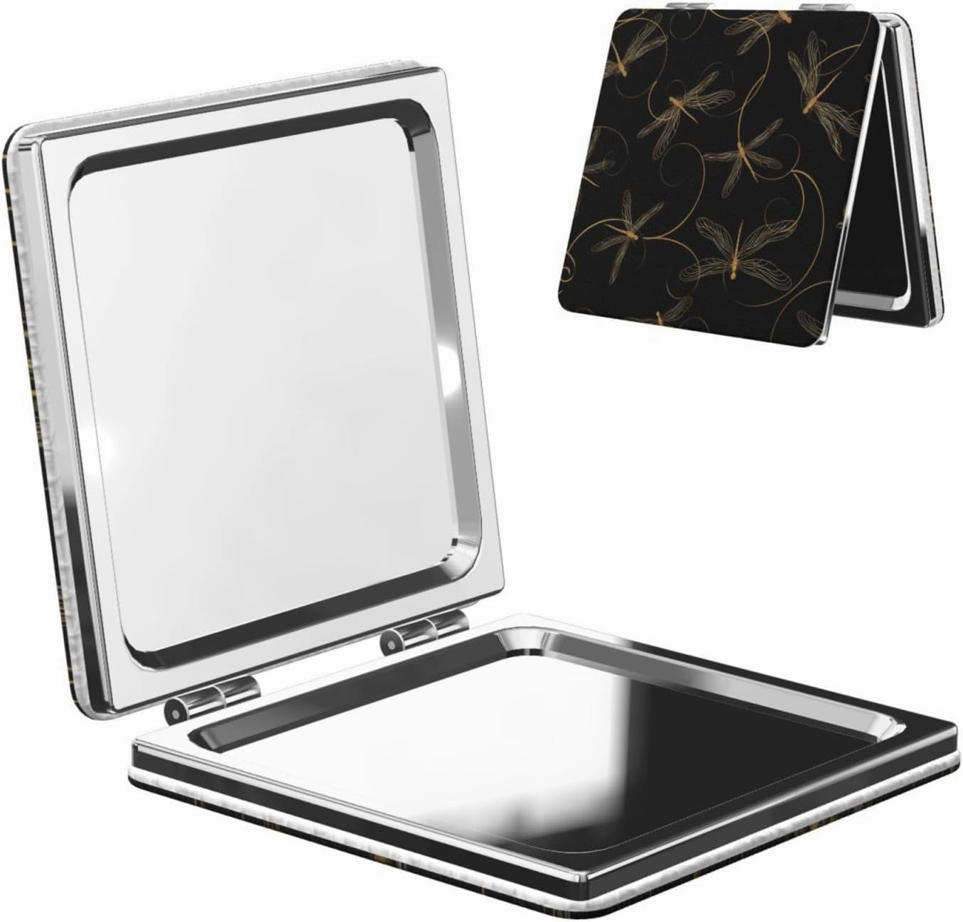 Golden Dragonflies Black Women Mini Cosmetic Mirror Folding Portable Pocket Makeup Mirror