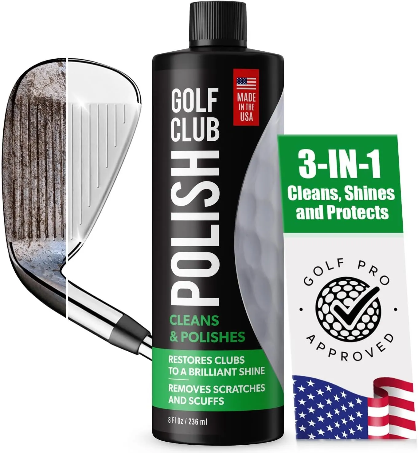 Golf Club Polish - Made In The USA Instant Golf Club Cleaner and Golf Club Scratch Remover - Cream Golf Club Polishing Kit / Golf Club Cleaning Kit - 8 oz of Metal Polish Compound - Golf Accessories