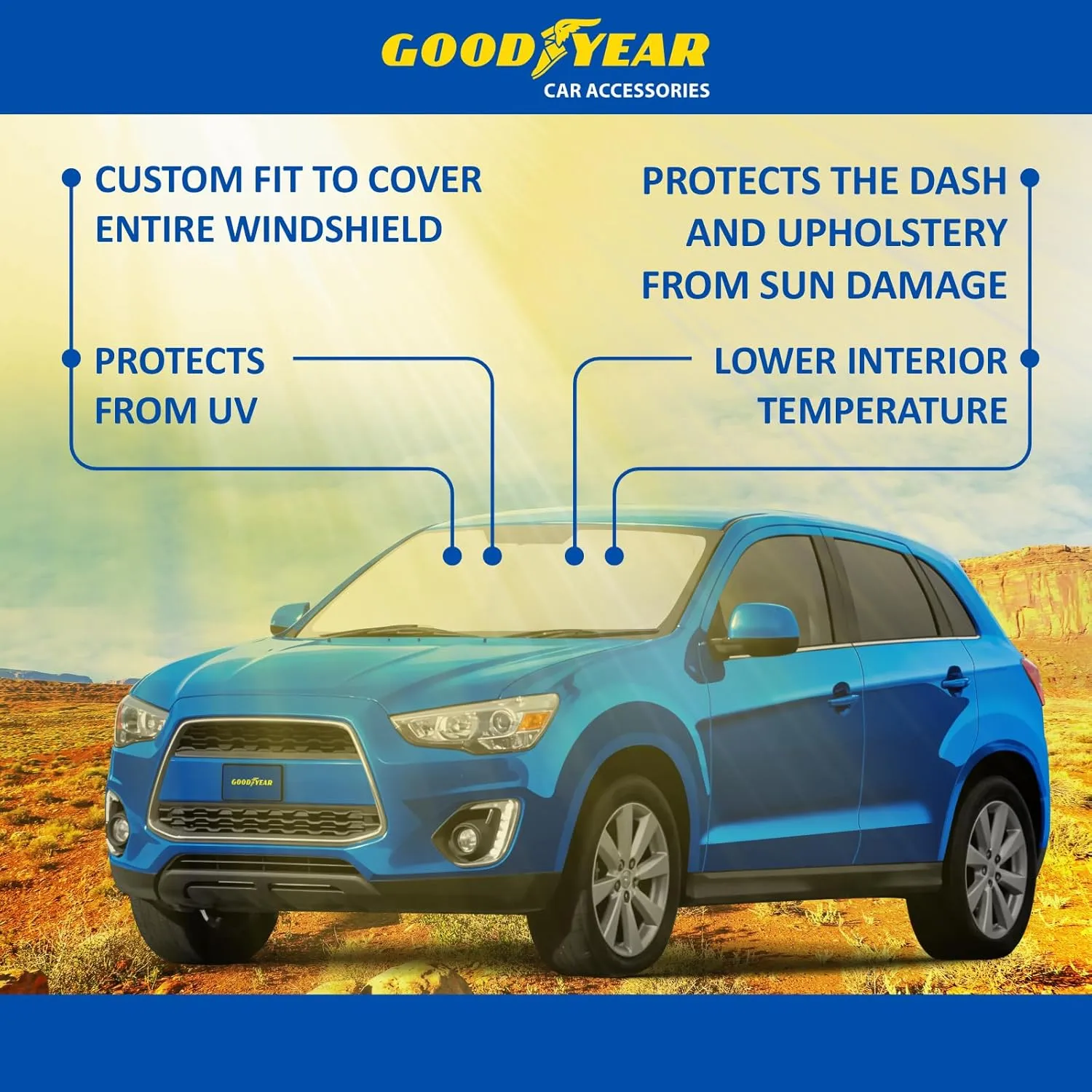 Goodyear Foldable Windshield Sunshade for Mitsubishi Outlander Sport 2011-2025, Car Accessories, Sunshade Cover, Sun Shade Car Windshield, Window Sun Blocker - GY008263