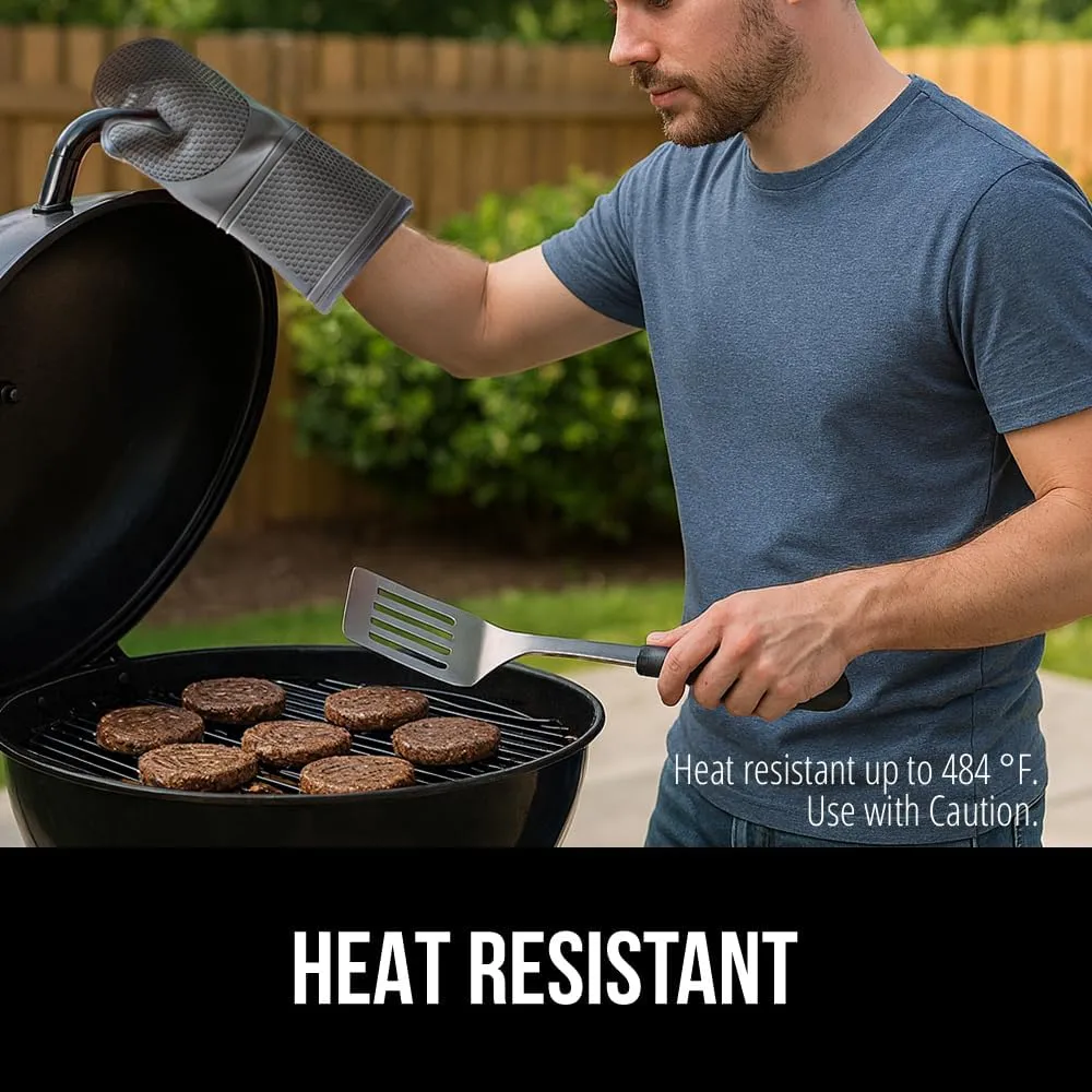 GORILLA GRIP Heat Resistant Durable Silicone Oven Mitts, BPA-Free Protective Grilling Potholders, Soft Cotton Lining, Flexible Waterproof Cooking Mitt Set, Kitchen Home Essentials, 12.5x8.3, Gray