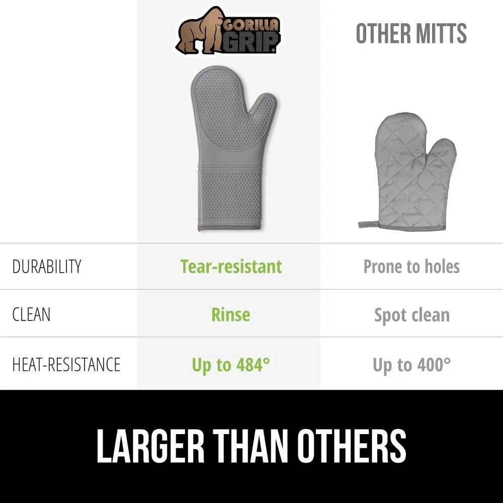 GORILLA GRIP Heat Resistant Durable Silicone Oven Mitts, BPA-Free Protective Grilling Potholders, Soft Cotton Lining, Flexible Waterproof Cooking Mitt Set, Kitchen Home Essentials, 12.5x8.3, Gray