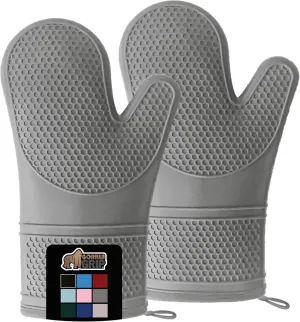 GORILLA GRIP Heat Resistant Durable Silicone Oven Mitts, BPA-Free Protective Grilling Potholders, Soft Cotton Lining, Flexible Waterproof Cooking Mitt Set, Kitchen Home Essentials, 12.5x8.3, Gray