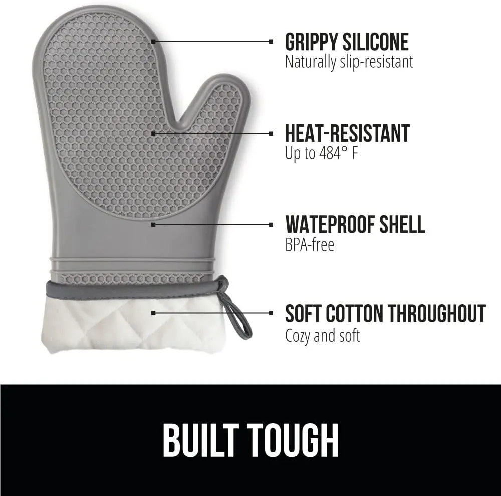 GORILLA GRIP Heat Resistant Durable Silicone Oven Mitts, BPA-Free Protective Grilling Potholders, Soft Cotton Lining, Flexible Waterproof Cooking Mitt Set, Kitchen Home Essentials, 12.5x8.3, Gray