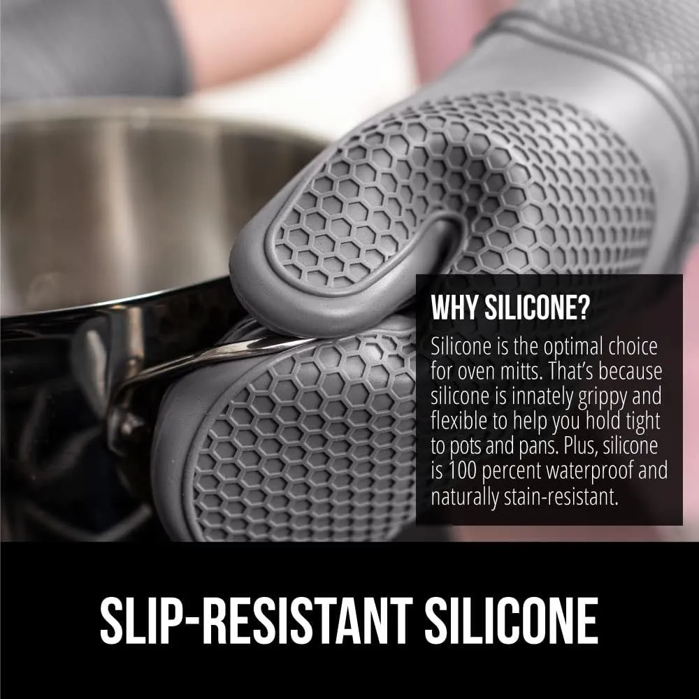 GORILLA GRIP Heat Resistant Durable Silicone Oven Mitts, BPA-Free Protective Grilling Potholders, Soft Cotton Lining, Flexible Waterproof Cooking Mitt Set, Kitchen Home Essentials, 12.5x8.3, Gray
