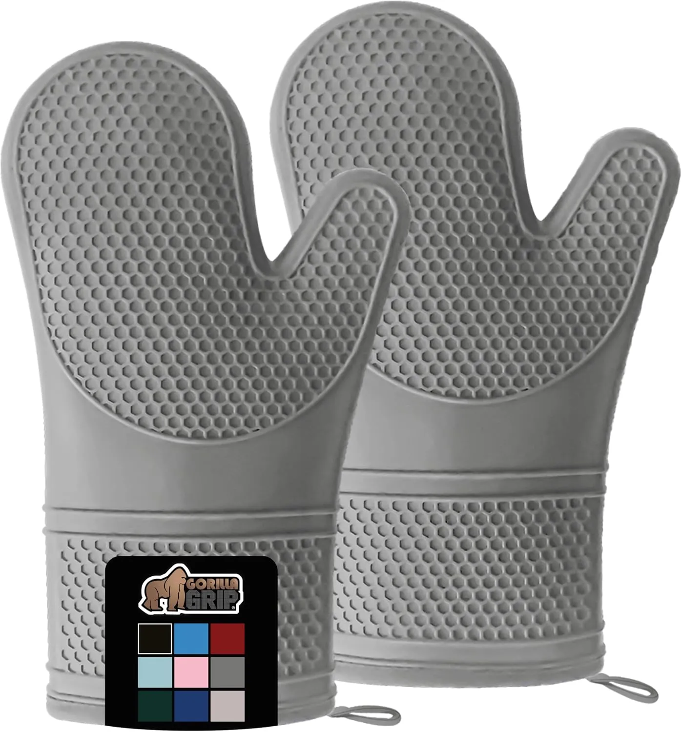 GORILLA GRIP Heat Resistant Durable Silicone Oven Mitts, BPA-Free Protective Grilling Potholders, Soft Cotton Lining, Flexible Waterproof Cooking Mitt Set, Kitchen Home Essentials, 12.5x8.3, Gray