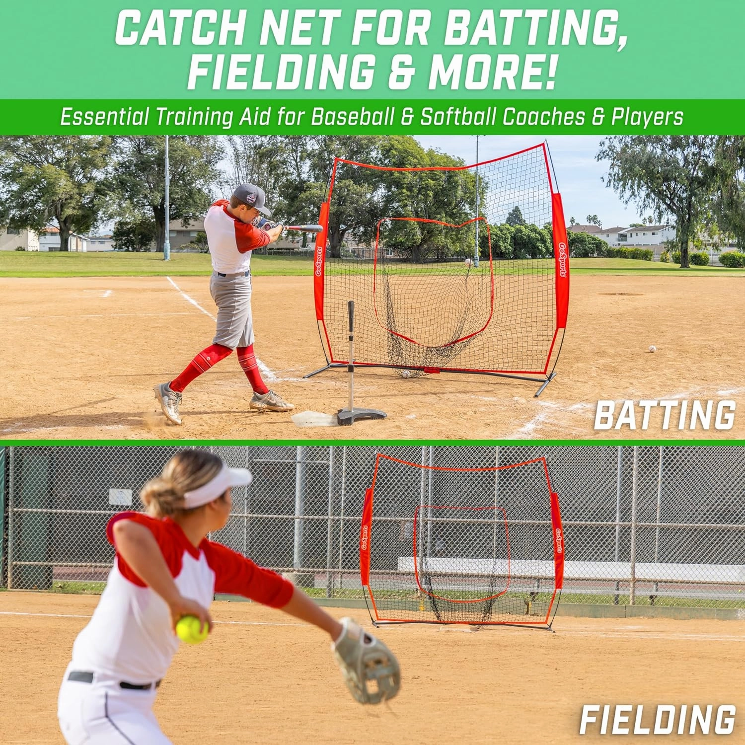 GoSports 7x7 ft Baseball & Softball Nets - Available in Team Colors - Batting & Pitching Net with Strike Zone