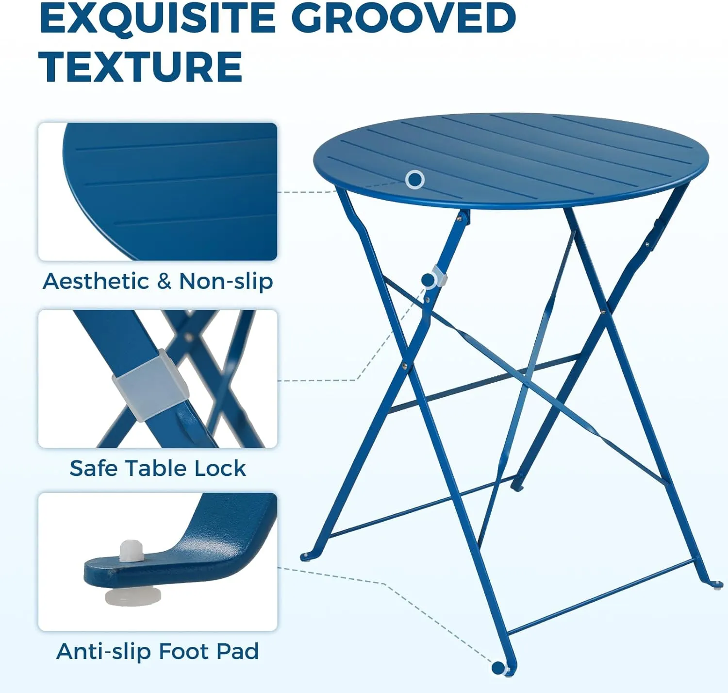 Grand patio Premium Frame Patio Bistro Set, Colorful Folding Outdoor Patio Furniture Sets, 3-Piece Patio Table and Chair Set, Peacock Blue