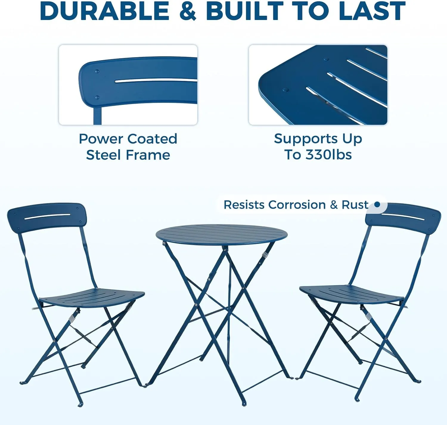 Grand patio Premium Frame Patio Bistro Set, Colorful Folding Outdoor Patio Furniture Sets, 3-Piece Patio Table and Chair Set, Peacock Blue