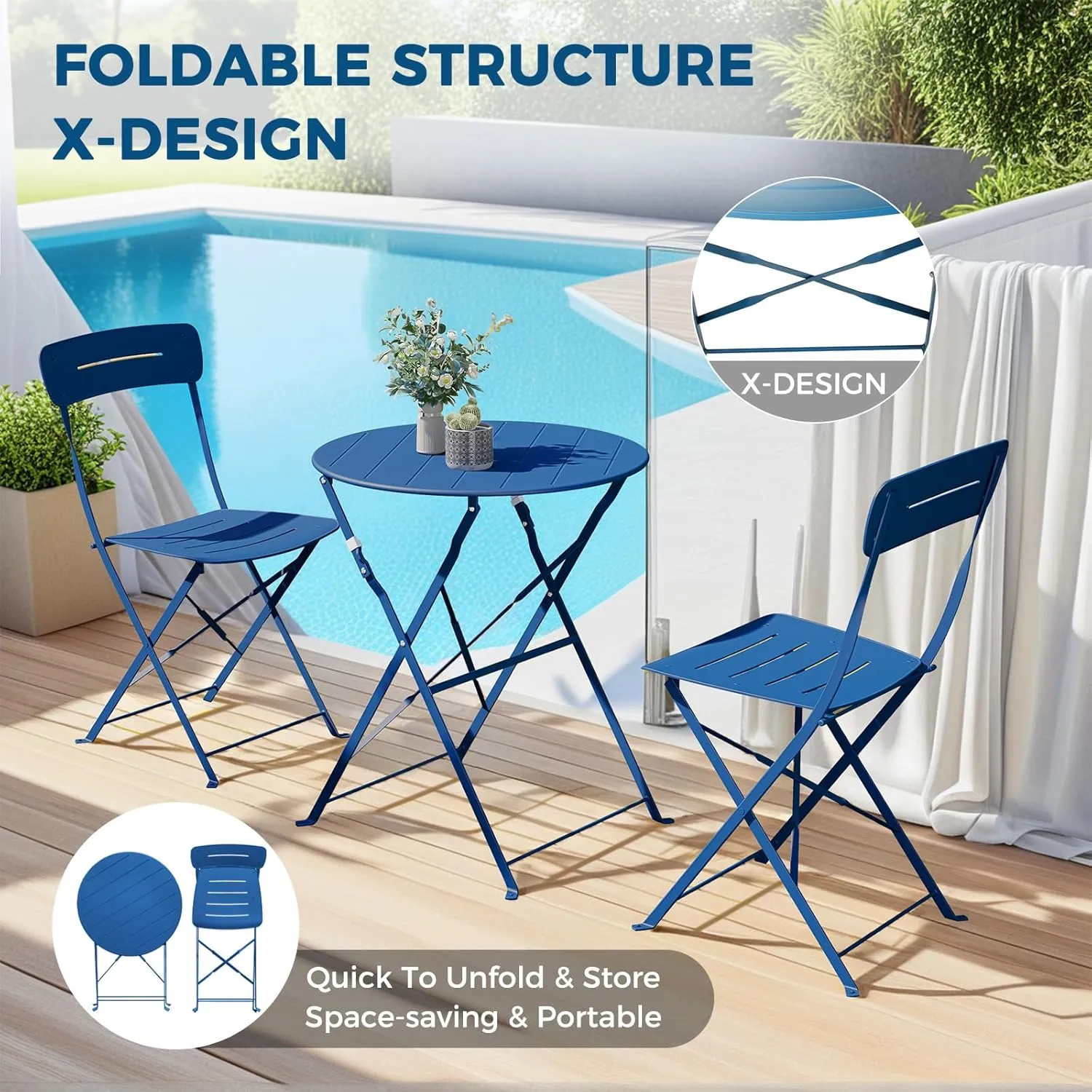 Grand patio Premium Frame Patio Bistro Set, Colorful Folding Outdoor Patio Furniture Sets, 3-Piece Patio Table and Chair Set, Peacock Blue