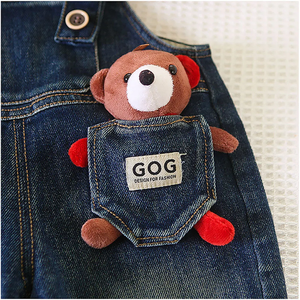 Green Stripes Teddy Bear Soft Toy Dungary Style 2 Pc Clothing Set For Toddlers And Kids
