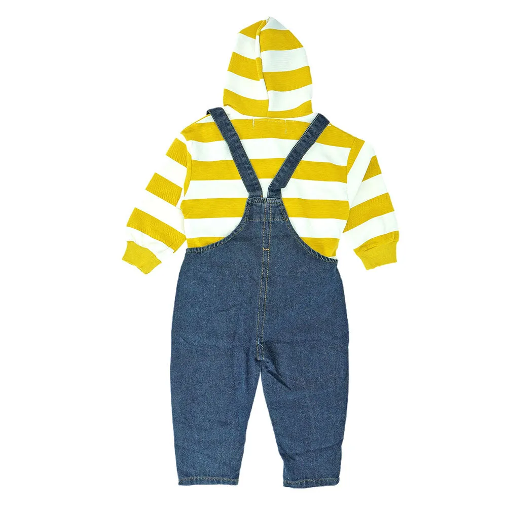 Green Stripes Teddy Bear Soft Toy Dungary Style 2 Pc Clothing Set For Toddlers And Kids