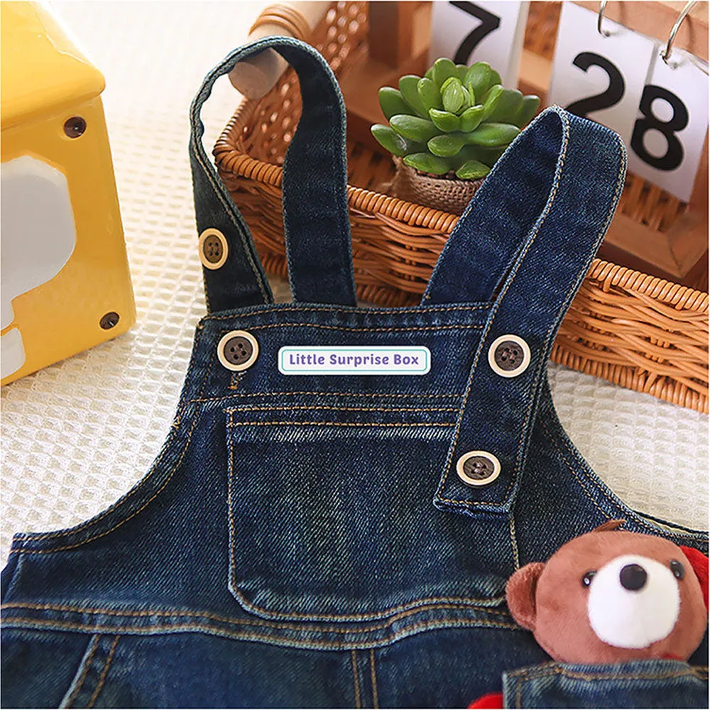 Green Stripes Teddy Bear Soft Toy Dungary Style 2 Pc Clothing Set For Toddlers And Kids