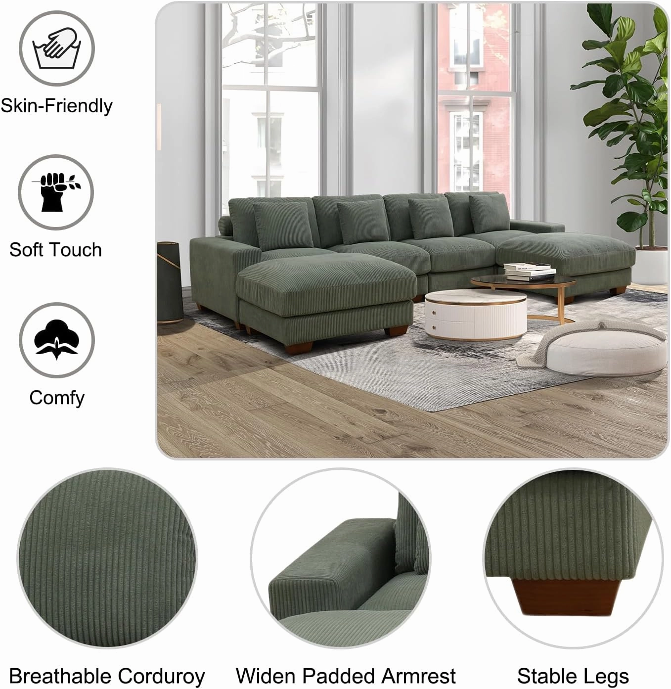 Green Corduroy Sofa Set, L-Shaped Modular Sofa, Left-Hand Facing Sectional Sofa Sets, Modular Couch Set for Living Room