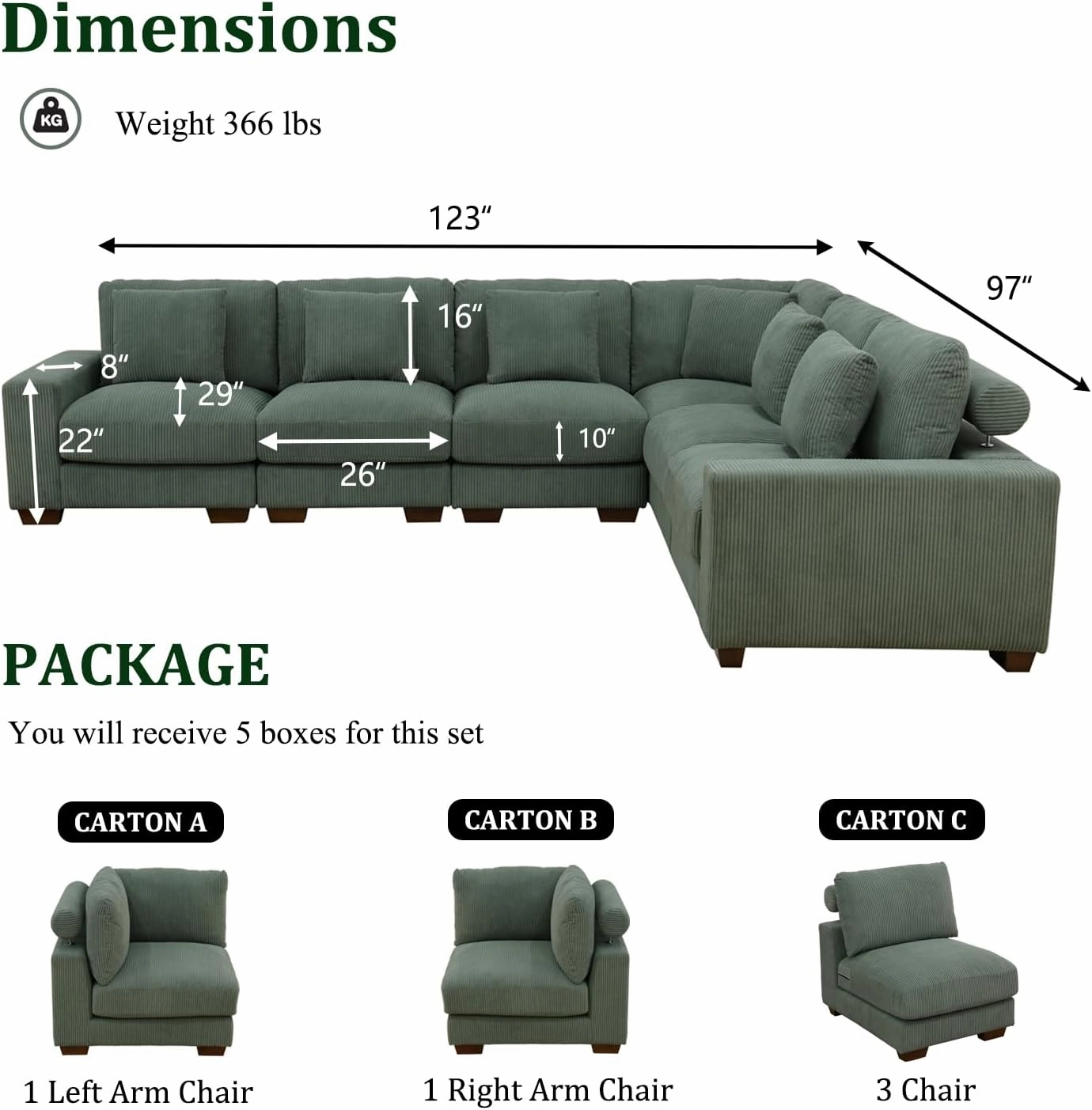 Green Corduroy Sofa Set, L-Shaped Modular Sofa, Left-Hand Facing Sectional Sofa Sets, Modular Couch Set for Living Room
