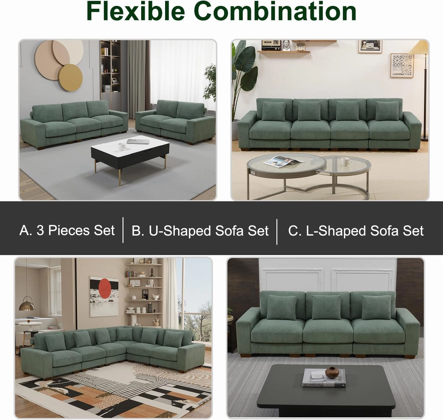 Green Corduroy Sofa Set, L-Shaped Modular Sofa, Left-Hand Facing Sectional Sofa Sets, Modular Couch Set for Living Room
