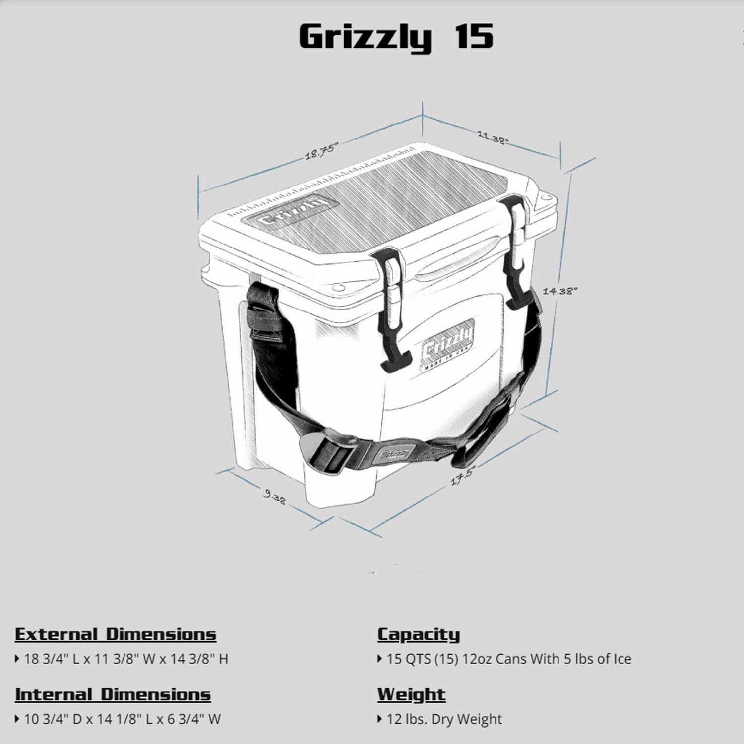 Grizzly 15 Cooler | 15 qt Ice Chest Durable Rotomolded Insulated | Made in USA | Warranty for Life | For Beach Boat Camping Fishing Hunting | G15