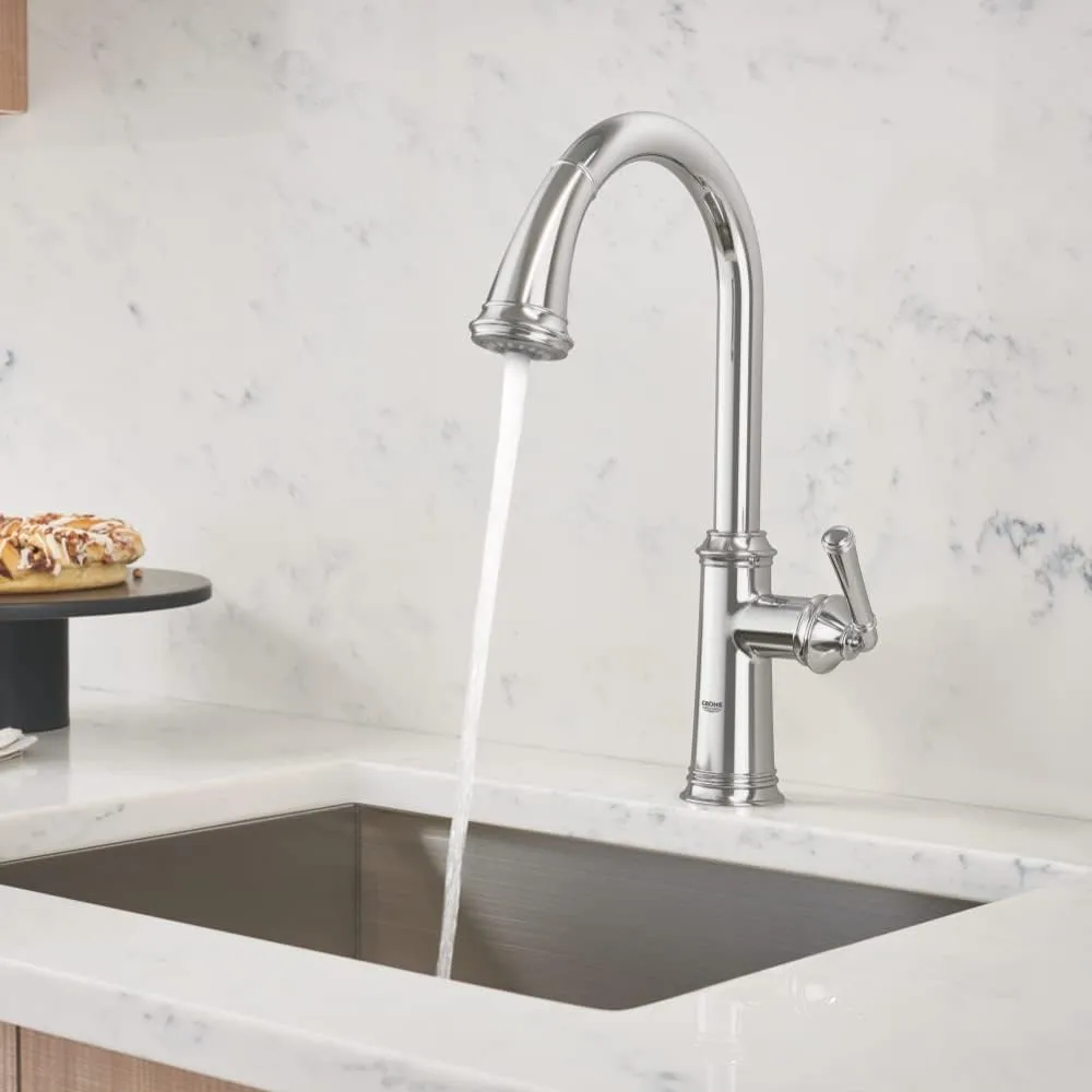 GROHE Gloucester – Single Lever Kitchen Sink Pull Out Mixer Tap (High C-Spout, 2 Spray Options, 28 mm Ceramic Cartridge, 360° Swivel Range, Tails 3/8 Inch), Quick Mount Included, Chrome, 30422000