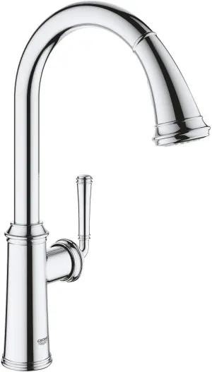 GROHE Gloucester – Single Lever Kitchen Sink Pull Out Mixer Tap (High C-Spout, 2 Spray Options, 28 mm Ceramic Cartridge, 360° Swivel Range, Tails 3/8 Inch), Quick Mount Included, Chrome, 30422000
