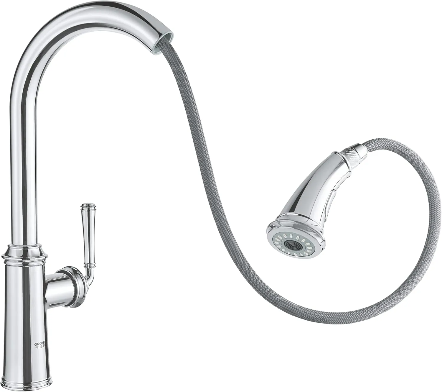 GROHE Gloucester – Single Lever Kitchen Sink Pull Out Mixer Tap (High C-Spout, 2 Spray Options, 28 mm Ceramic Cartridge, 360° Swivel Range, Tails 3/8 Inch), Quick Mount Included, Chrome, 30422000