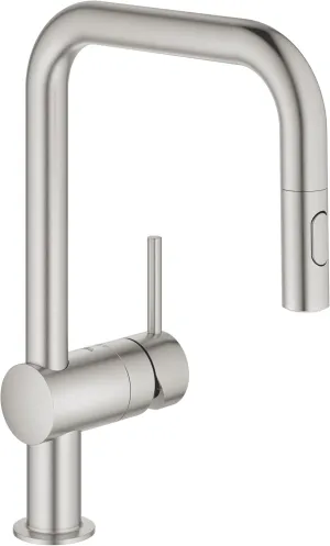 GROHE Minta - Single Lever Kitchen Mixer Tap with Pull-Out Spray (2 Spray Options, High U-Spout, 360° Swivel Range, 46 mm Ceramic Cartridge, Easy to Install, Tails 3/8 Inch), Supersteel, 32322DC2