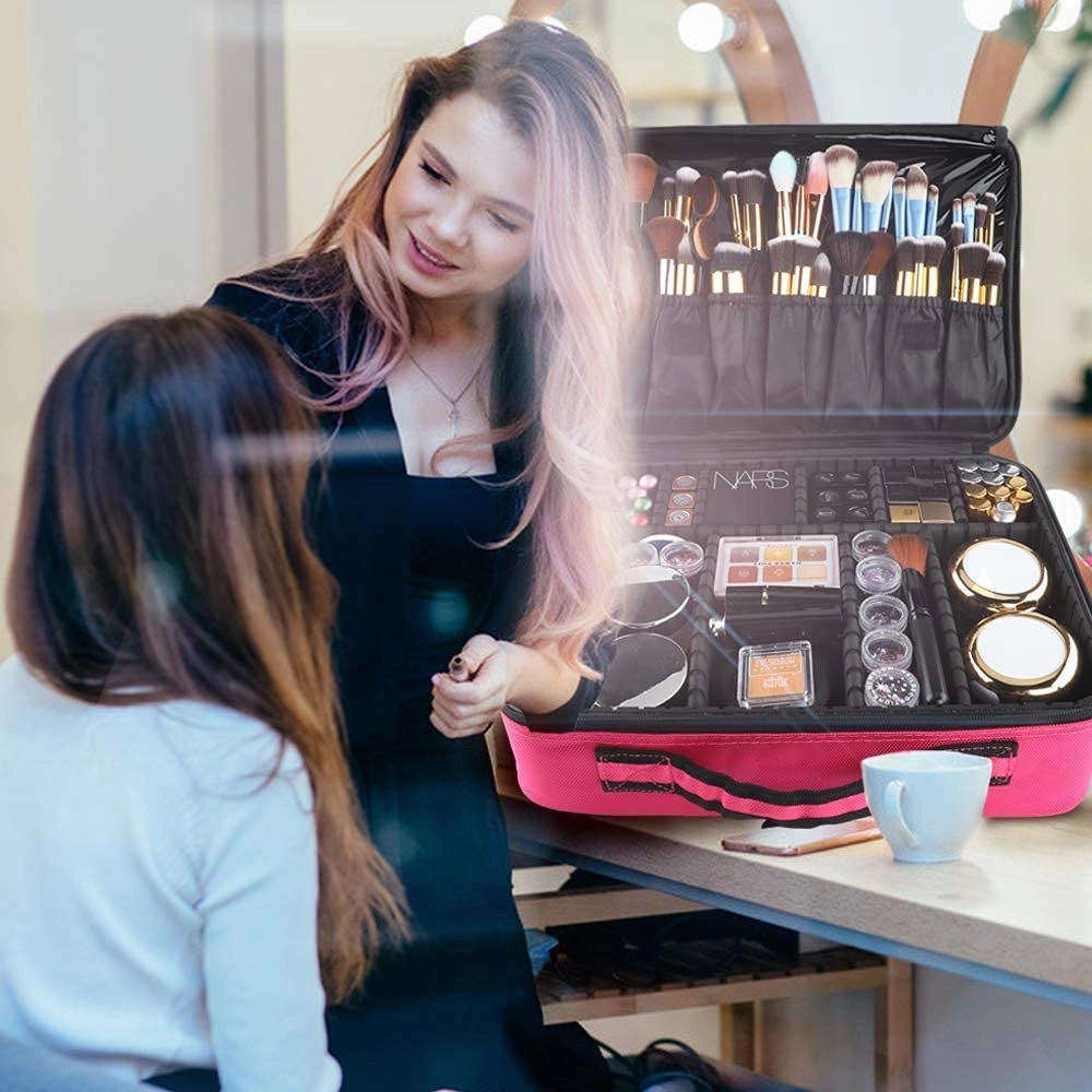 gzcz Professional Travel Makeup Case 13.5 Inches Makeup Bag Cosmetic Brush Organizer Portable Artist Storage Train Bag with Adjustable Dividers for Make Up Accessories（M-Rose Red）