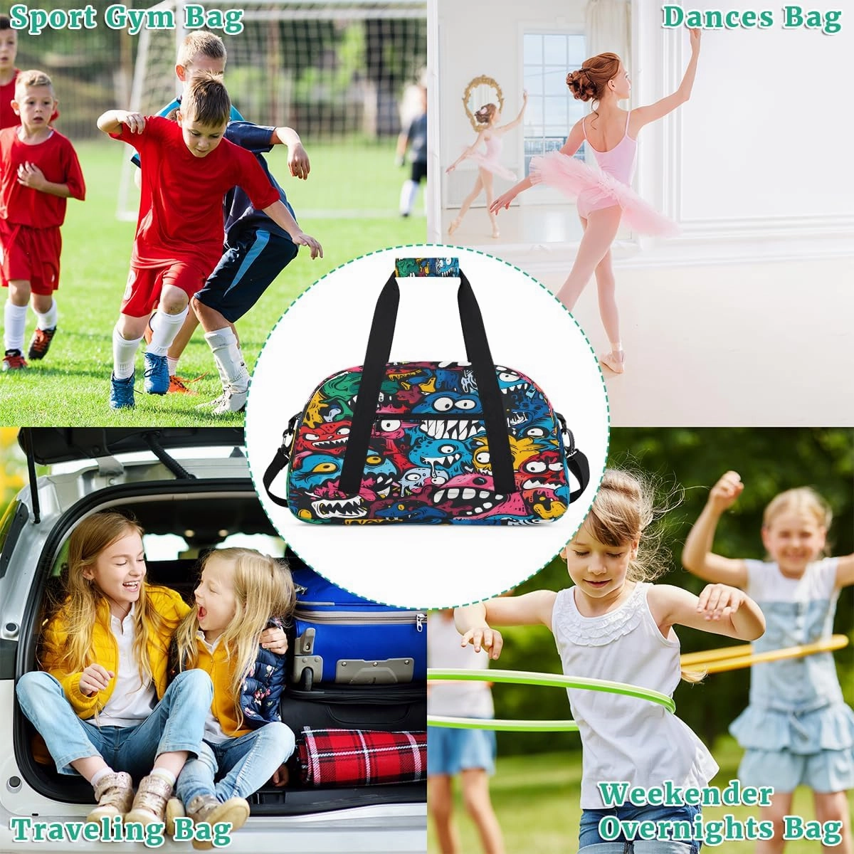 Halloween Monster Doodle Kids Overnighter Duffel Bags for Boys, Carry-On Size Sports Gym Bag with Front Zipper Pocket for School Practice or Overnight Travel Weekender Sleepover Tote Bag