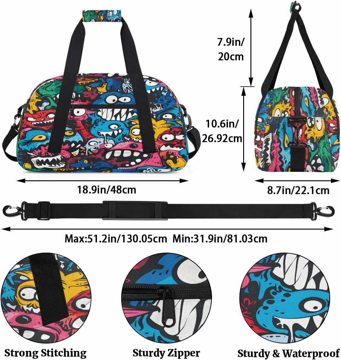 Halloween Monster Doodle Kids Overnighter Duffel Bags for Boys, Carry-On Size Sports Gym Bag with Front Zipper Pocket for School Practice or Overnight Travel Weekender Sleepover Tote Bag