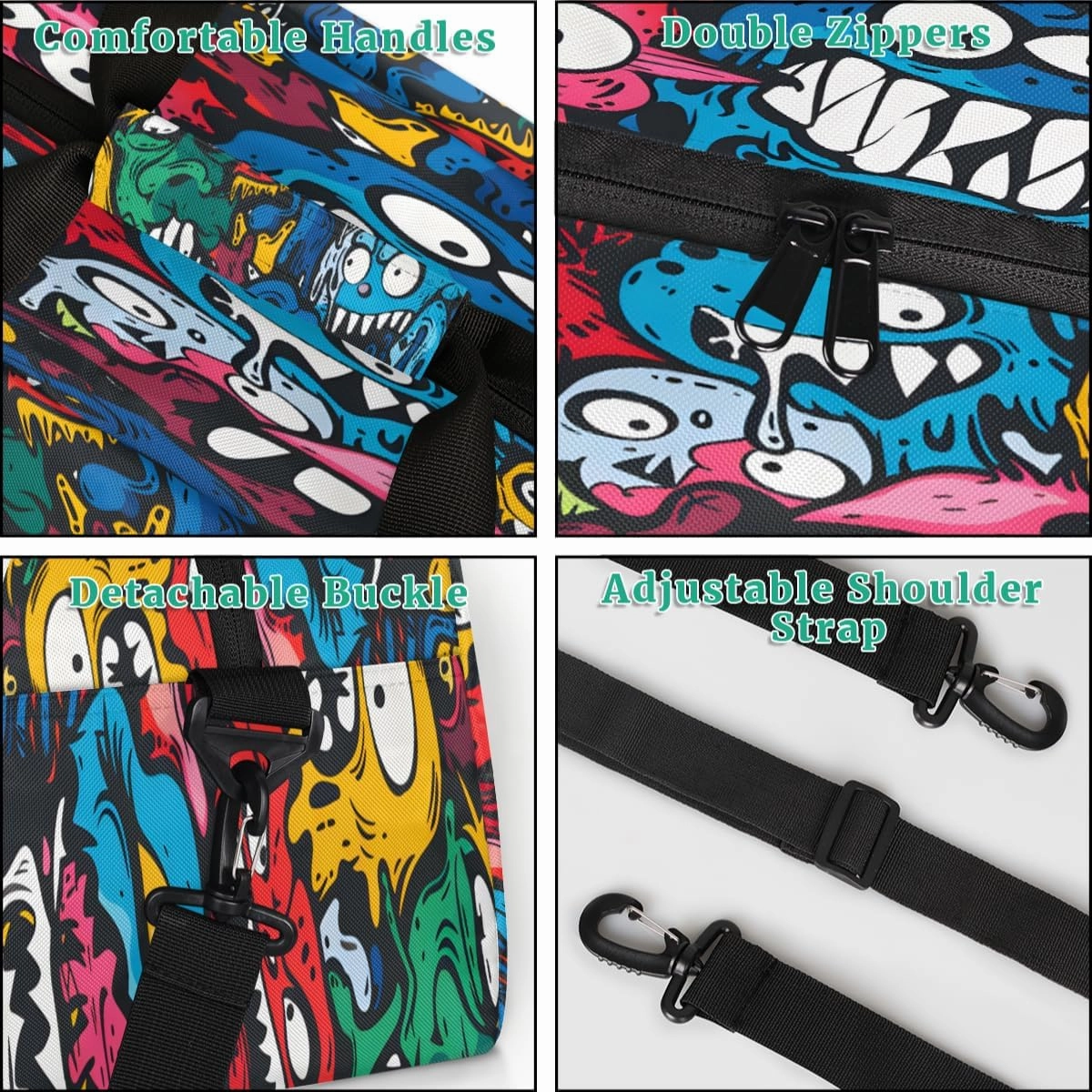 Halloween Monster Doodle Kids Overnighter Duffel Bags for Boys, Carry-On Size Sports Gym Bag with Front Zipper Pocket for School Practice or Overnight Travel Weekender Sleepover Tote Bag