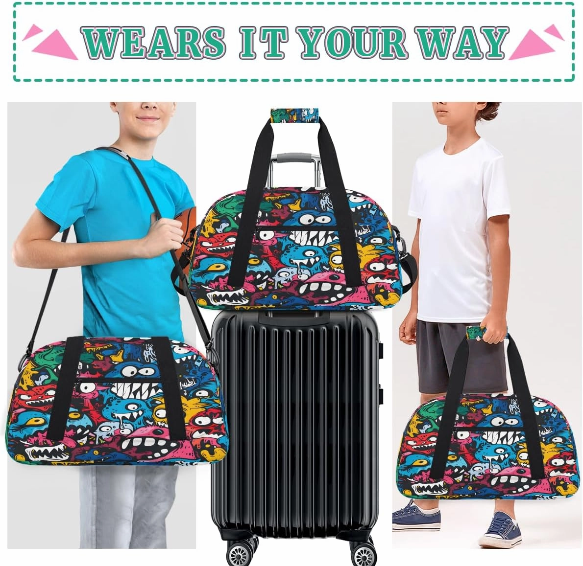 Halloween Monster Doodle Kids Overnighter Duffel Bags for Boys, Carry-On Size Sports Gym Bag with Front Zipper Pocket for School Practice or Overnight Travel Weekender Sleepover Tote Bag