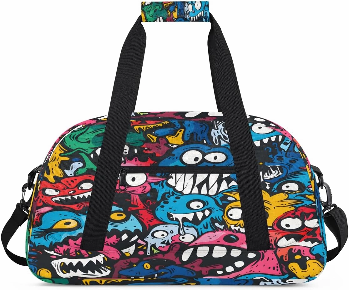 Halloween Monster Doodle Kids Overnighter Duffel Bags for Boys, Carry-On Size Sports Gym Bag with Front Zipper Pocket for School Practice or Overnight Travel Weekender Sleepover Tote Bag