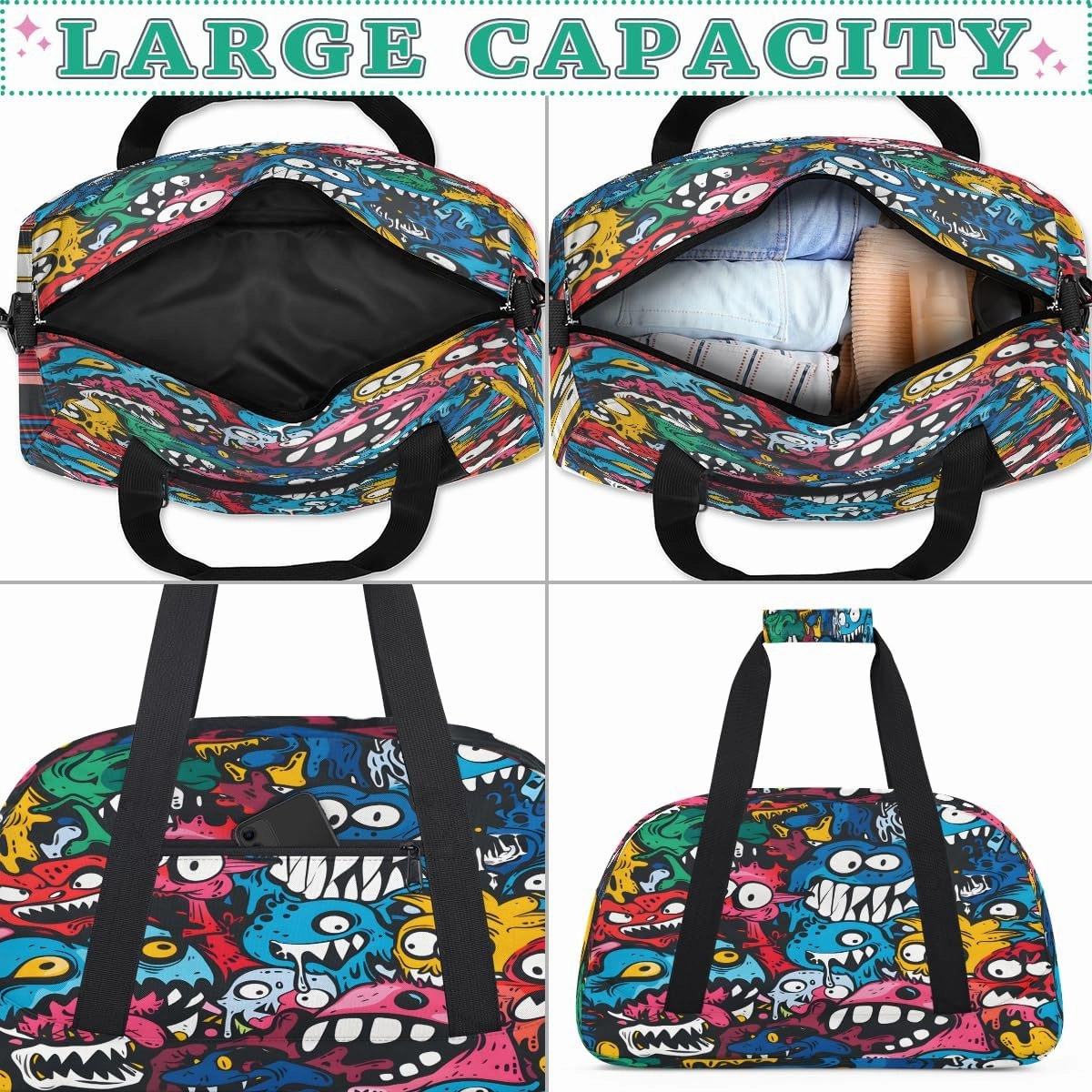 Halloween Monster Doodle Kids Overnighter Duffel Bags for Boys, Carry-On Size Sports Gym Bag with Front Zipper Pocket for School Practice or Overnight Travel Weekender Sleepover Tote Bag