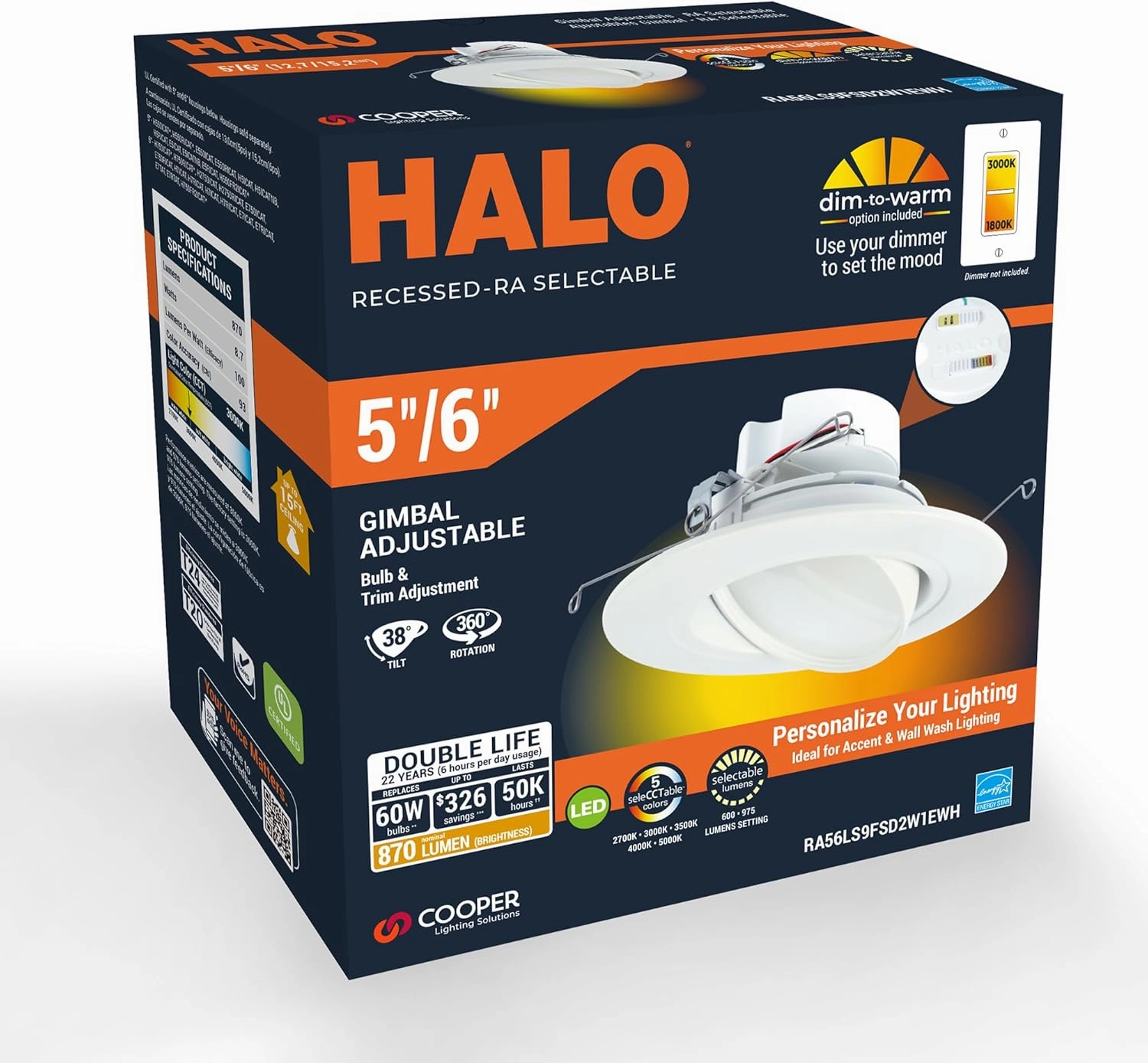 HALO RA 6-Inch Recessed LED Trim Downlight with Adjustable Gimbal, Selectable Lumens and Color Temperatures, Dim-to-Warm - RA56LS9FSD2W1EWH