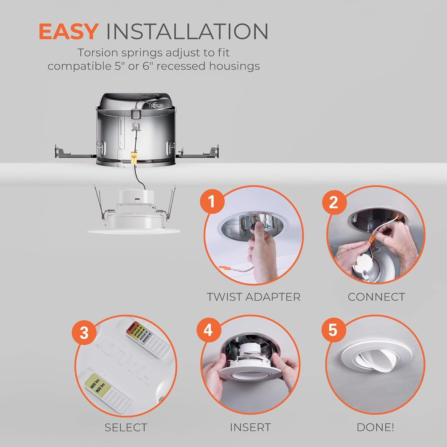 HALO RA 6-Inch Recessed LED Trim Downlight with Adjustable Gimbal, Selectable Lumens and Color Temperatures, Dim-to-Warm - RA56LS9FSD2W1EWH