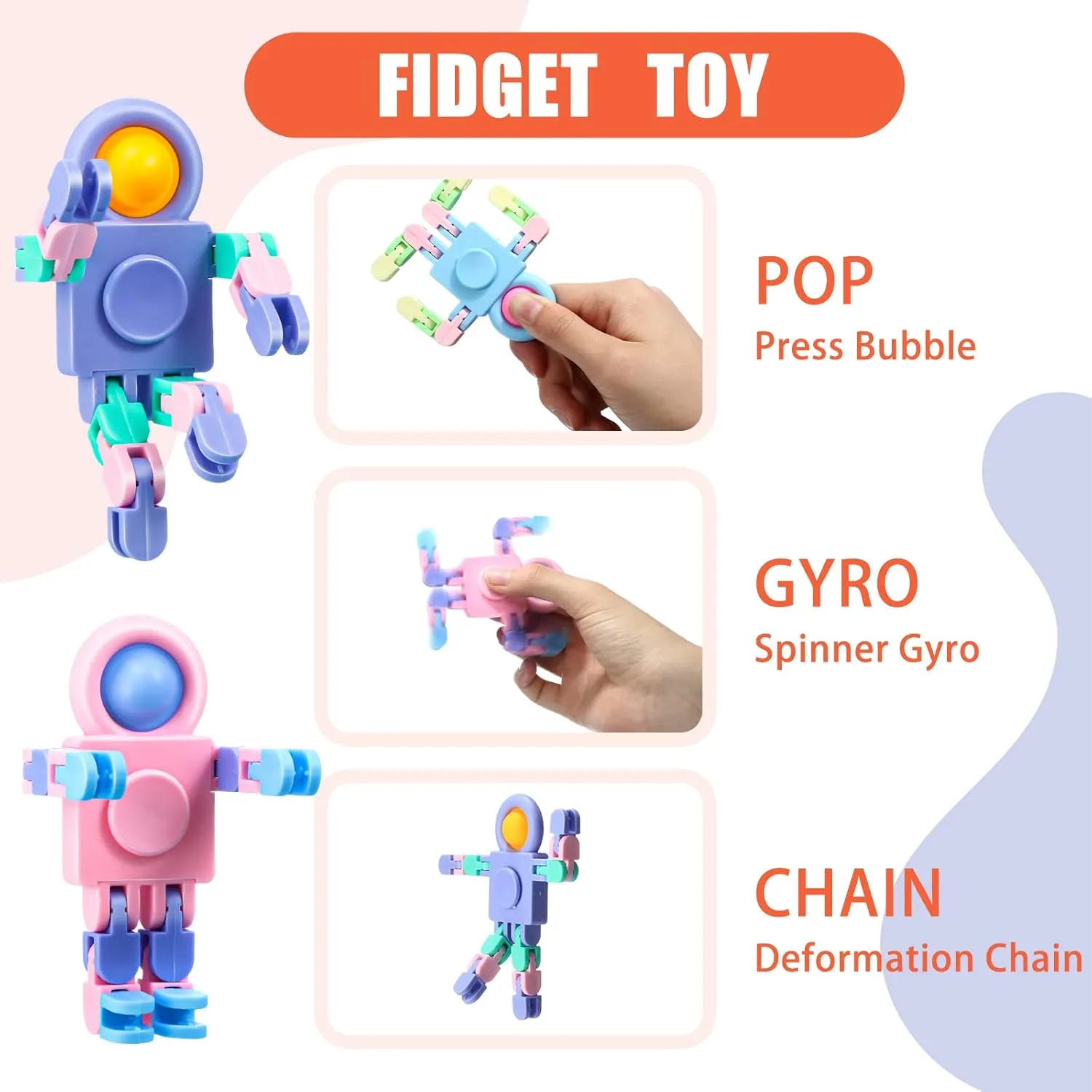 Hanaive 100 Robot Fidget Spinners Transformable Fingertip Gyro Chain Toy Deformable DIY Stress Relief Fidget Sensory Toys Adults Piñata Goodie Bag Birthday School Gift