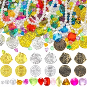 Hanaive 319 Pcs Pirate Treasure Gold Fake Coins Plastic Gems and Jewels Playset Party Decor Treasure for Pirates Themed Adventures Summer Pool Party Coins(Irregular and Round)