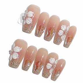 handmade nails,press on nails, glittering flowers,long coffin, Includes 10 Nails, Prep Pad, 1 Manicure Stick, 1 Mini File，Jelly Gel Nail Glue(medium)