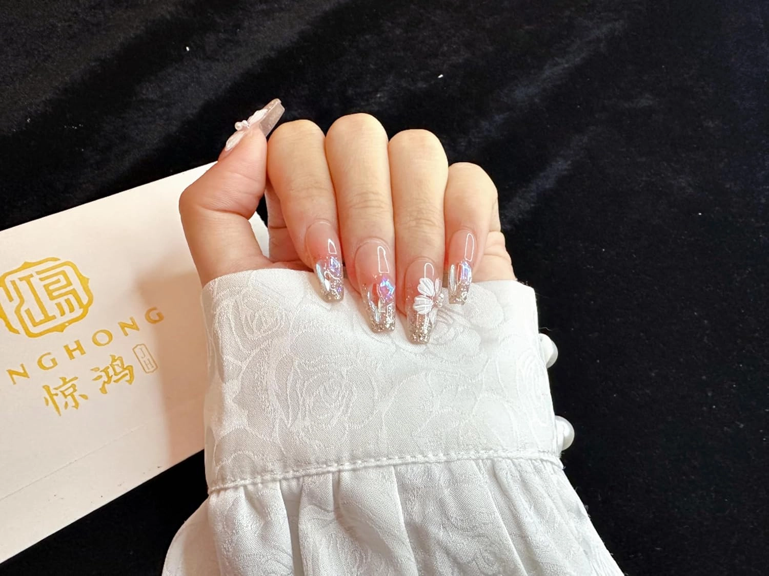 handmade nails,press on nails, glittering flowers,long coffin, Includes 10 Nails, Prep Pad, 1 Manicure Stick, 1 Mini File，Jelly Gel Nail Glue(medium)