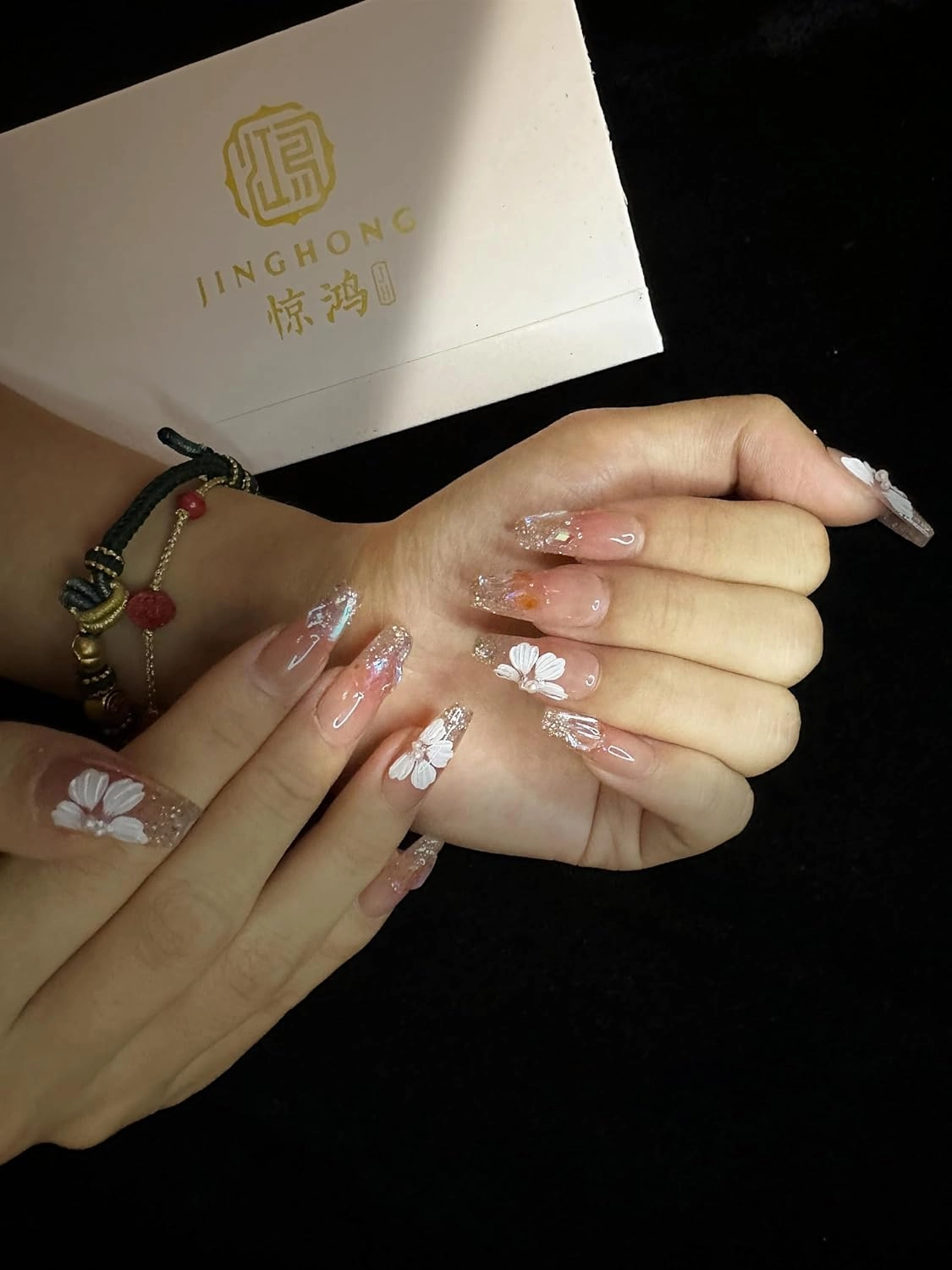handmade nails,press on nails, glittering flowers,long coffin, Includes 10 Nails, Prep Pad, 1 Manicure Stick, 1 Mini File，Jelly Gel Nail Glue(medium)