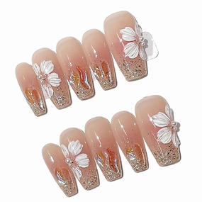 handmade nails,press on nails, glittering flowers,long coffin, Size-S