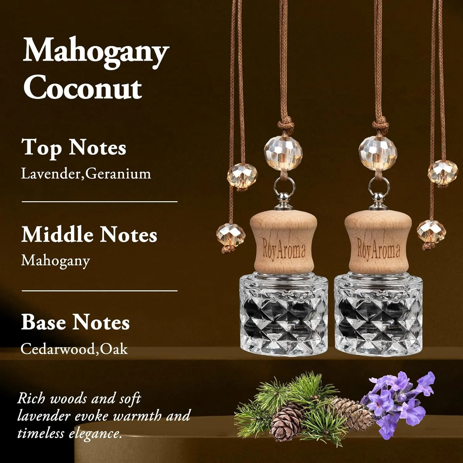 Hanging Car Air Freshener, 2 Pack Long Lasting Car Fresheners up to 30-45 Days, Natural Fragrance Cars Essential Oil Diffuser for Home Office - Mahogany Coconut