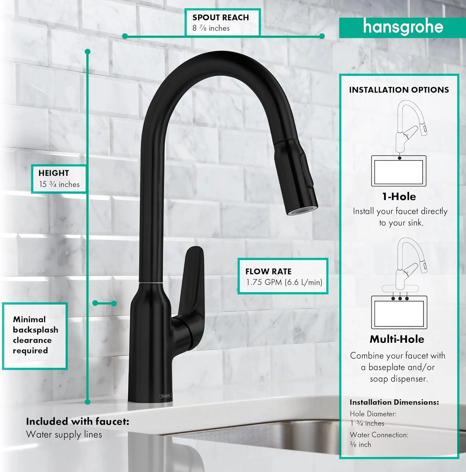 hansgrohe Focus N Black High Arc Kitchen Faucet, Kitchen Faucets with Pull Down Sprayer, Faucet for Kitchen Sink, Matte Black 71800671