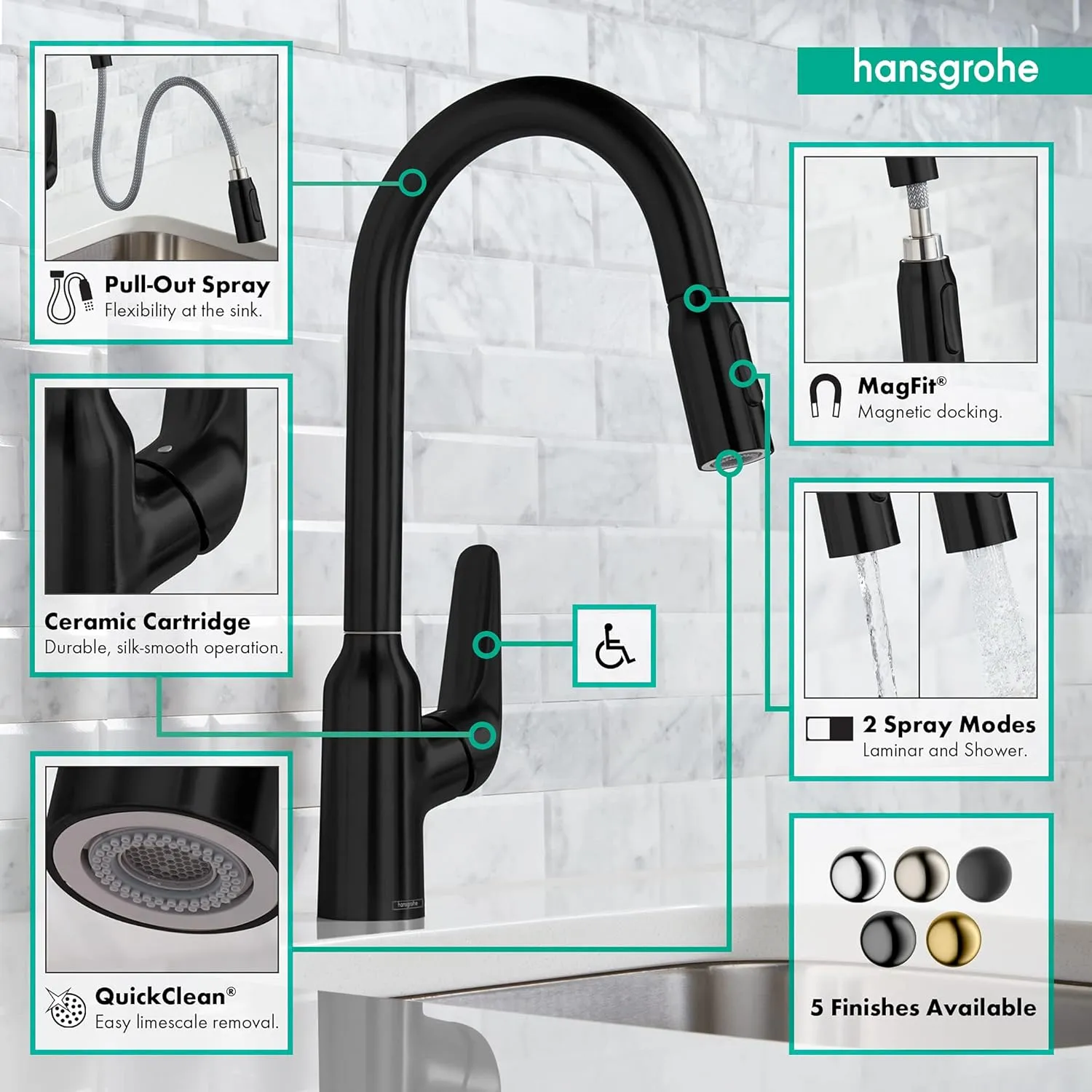 hansgrohe Focus N Black High Arc Kitchen Faucet, Kitchen Faucets with Pull Down Sprayer, Faucet for Kitchen Sink, Matte Black 71800671