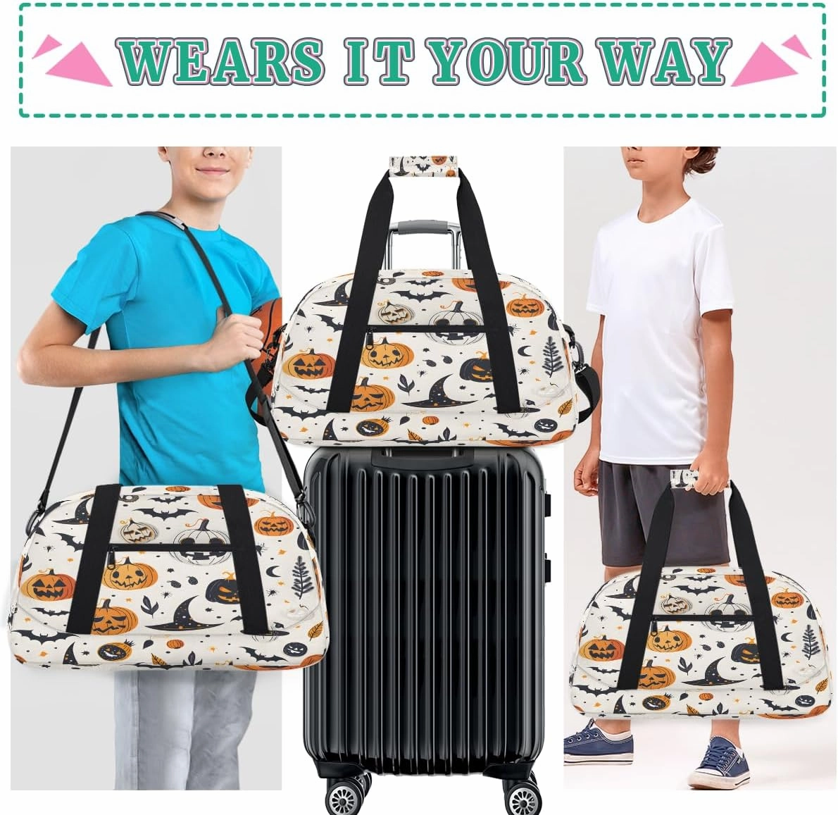 Happy Halloween Kids Overnighter Duffel Bags for Boys, Carry-On Size Sports Gym Bag with Front Zipper Pocket for School Practice or Overnight Travel Weekender Sleepover Tote Bag
