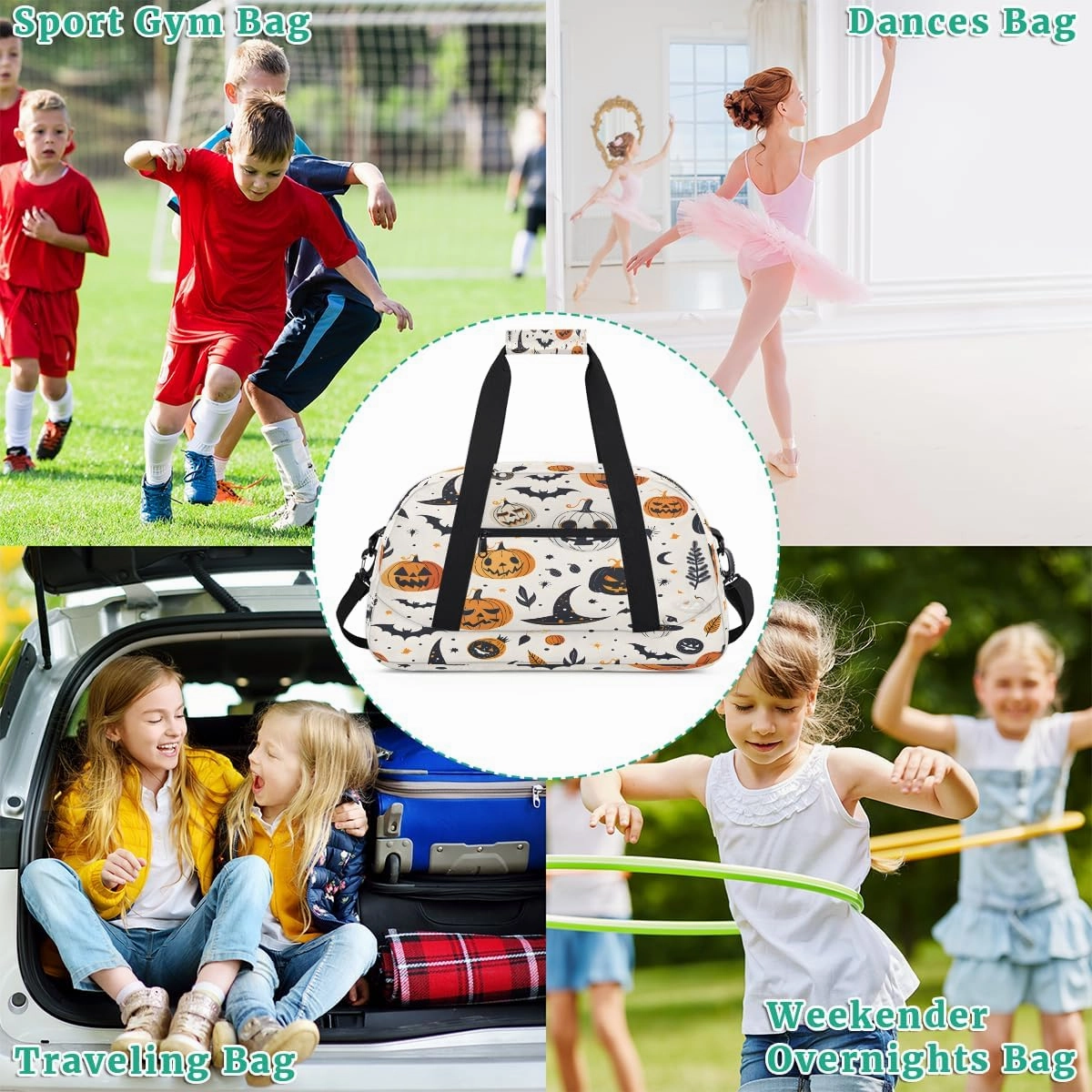 Happy Halloween Kids Overnighter Duffel Bags for Boys, Carry-On Size Sports Gym Bag with Front Zipper Pocket for School Practice or Overnight Travel Weekender Sleepover Tote Bag