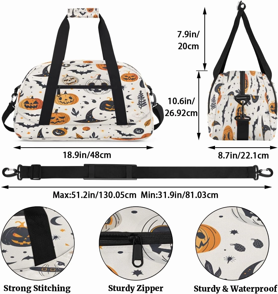 Happy Halloween Kids Overnighter Duffel Bags for Boys, Carry-On Size Sports Gym Bag with Front Zipper Pocket for School Practice or Overnight Travel Weekender Sleepover Tote Bag