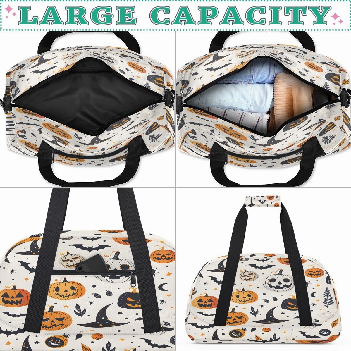 Happy Halloween Kids Overnighter Duffel Bags for Boys, Carry-On Size Sports Gym Bag with Front Zipper Pocket for School Practice or Overnight Travel Weekender Sleepover Tote Bag